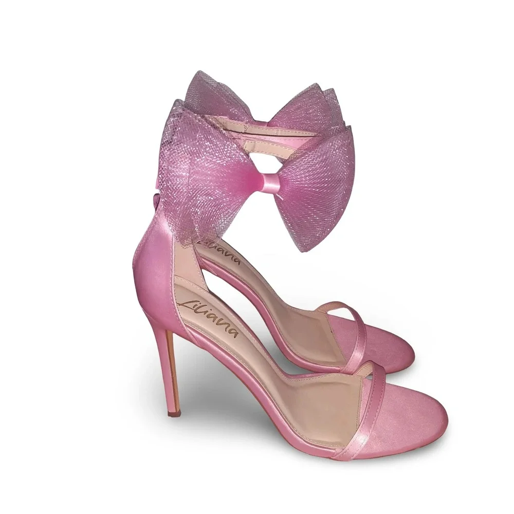 Liliana Tisha Pink Tulle Bow Ankle Strap Stiletto Heels Womens 7.5 NEW